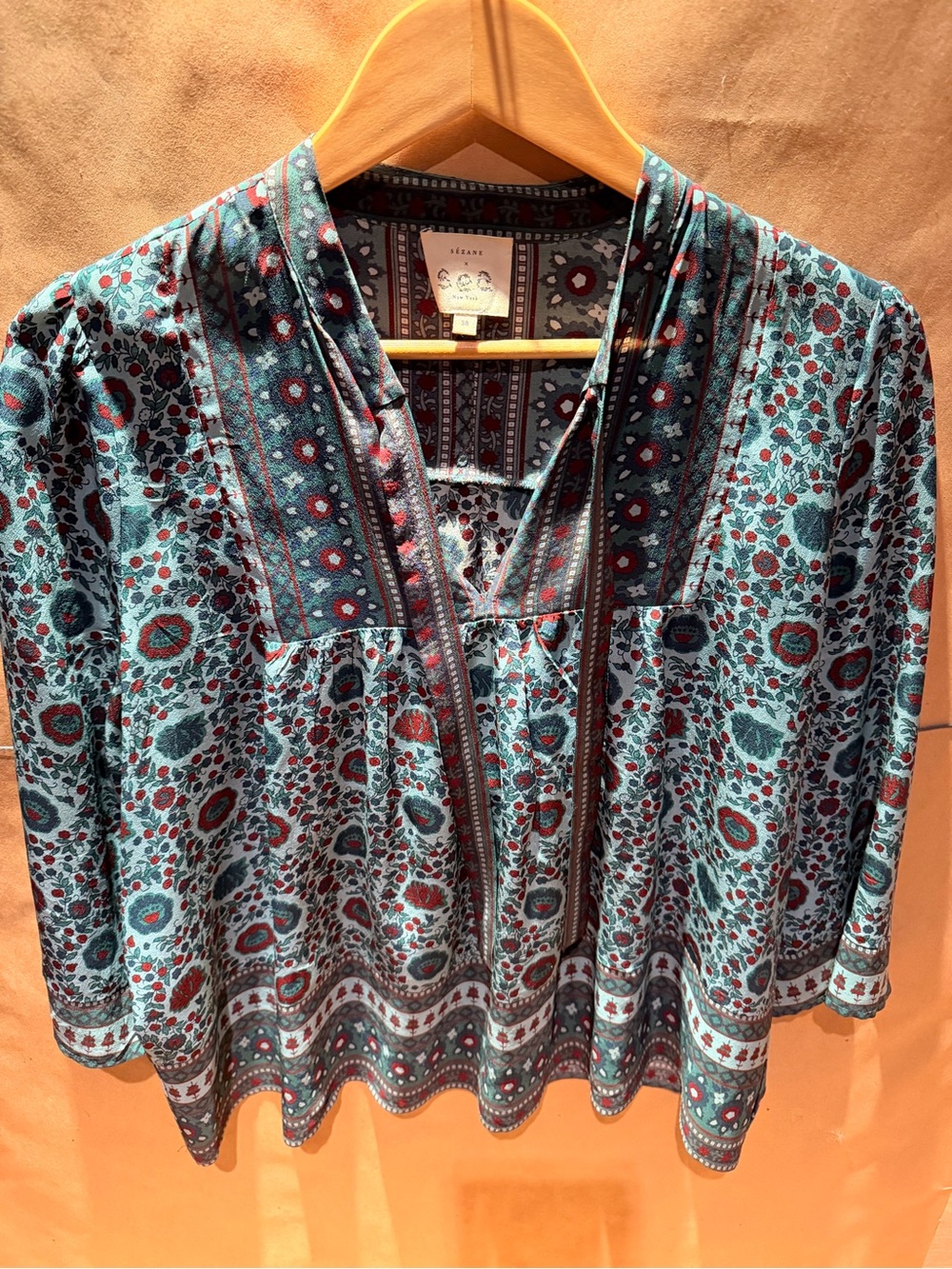 Sezane x See Teal Floral Peasant Blouse with Burgundy Accents